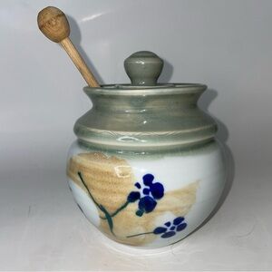 Handmade Studio Art Pottery Honey Pot with Wood Dipper Signed